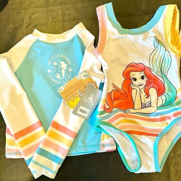 Disney Ariel The Little Mermaid Swimsuit & Rash Guard Set Girls NWT Size 4 Girls - Picture 2 of 3